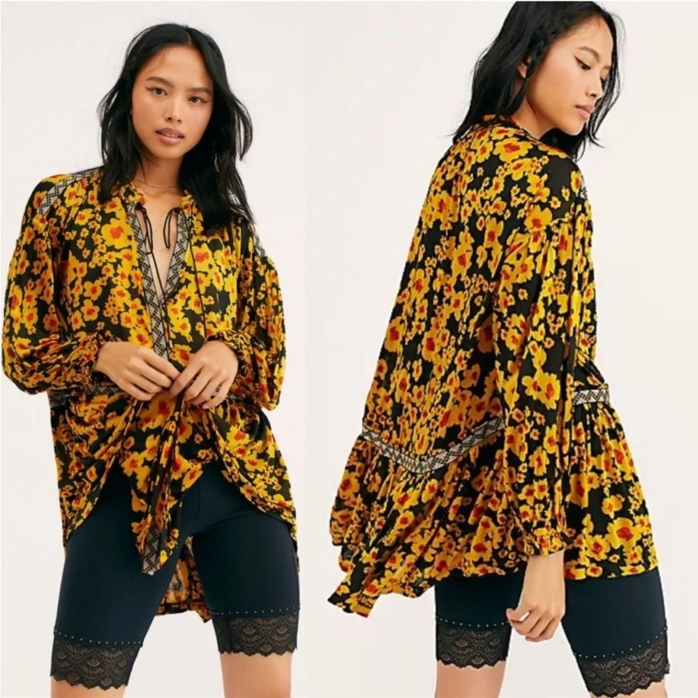 Free People Tunic Top Love Letter Black Combo Yellow Floral Shirt/Dress SZ small